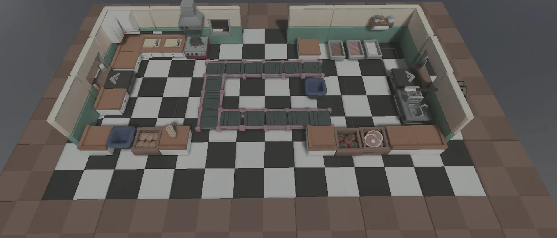Vista dall’alto di una cucina di Kitchen Together 2 con pavimento a scacchi, fornelli e banconi condivisi