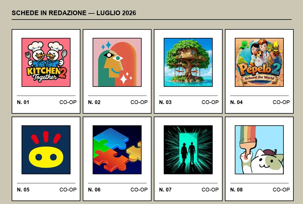 Foglio con le otto schede di luglio 2026: icone dei giochi numerate da 01 a 08