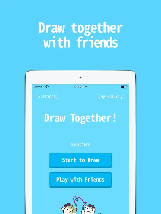Due tablet affiancati in Draw Together, ognuno con metà del disegno da completare