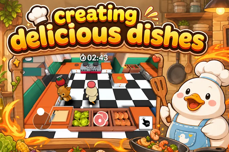 Cucina di Kitchen Together 2 con il timer del turno in alto e le postazioni di taglio e frittura