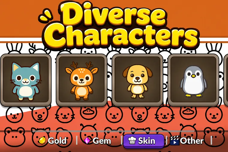 Selezione dei personaggi di Kitchen Together 2: gatto, cerbiatto, cane e pinguino